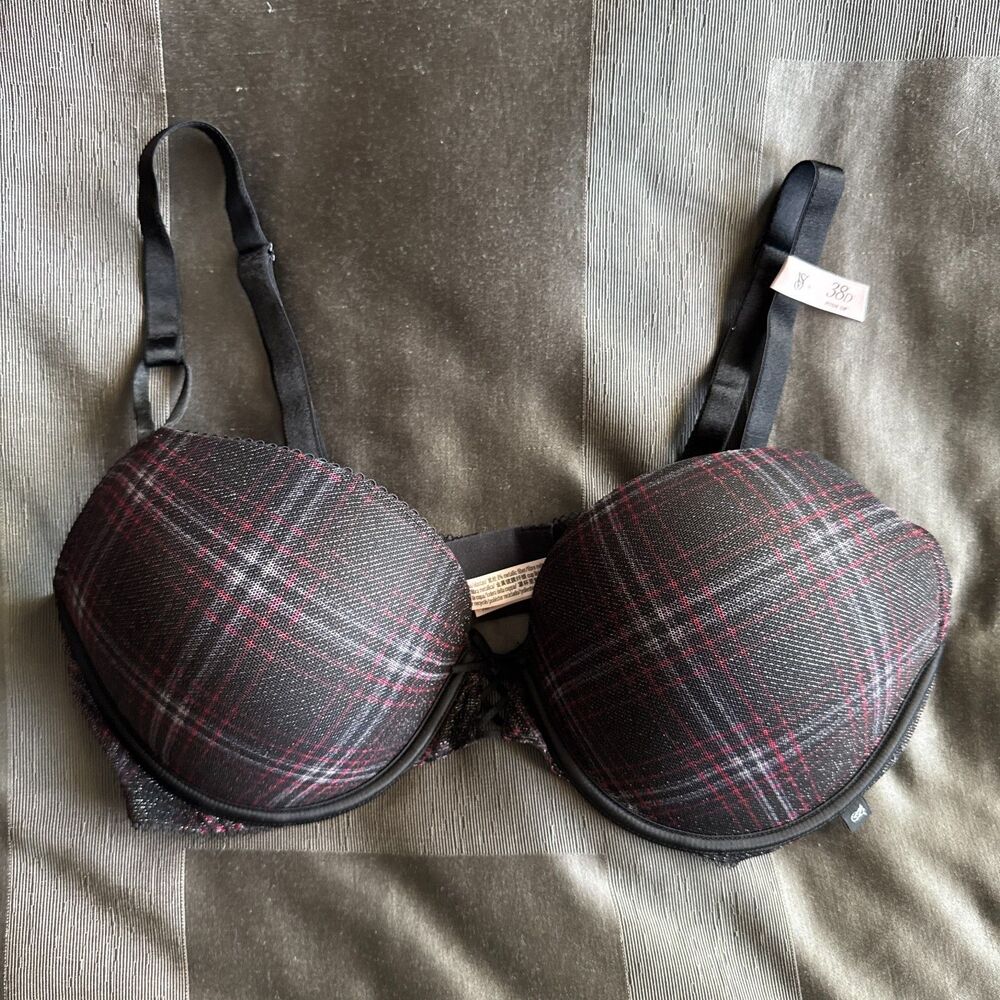 VICTORIA'S SECRET Black Red Gray Plaid Push Up Bra New With Tags Size 38D